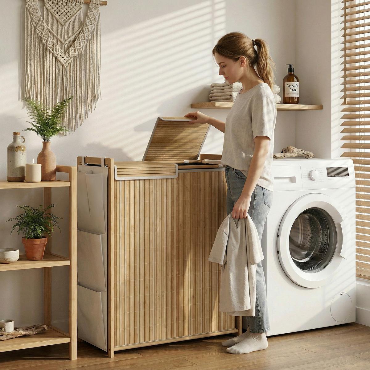 WÄSCHESAMMLER Bambus Naturholz - Naturfarben, Naturmaterialien (33/78/63cm) - HOMCOM