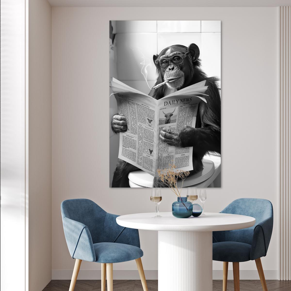POSTER Affe - WC - Zeitung - Schwarz-Weiß - Humor Wandbild Schlafzimmer 80x120 cm - Hellgrau, Papier (80/120/0.1cm) - MuchoWow