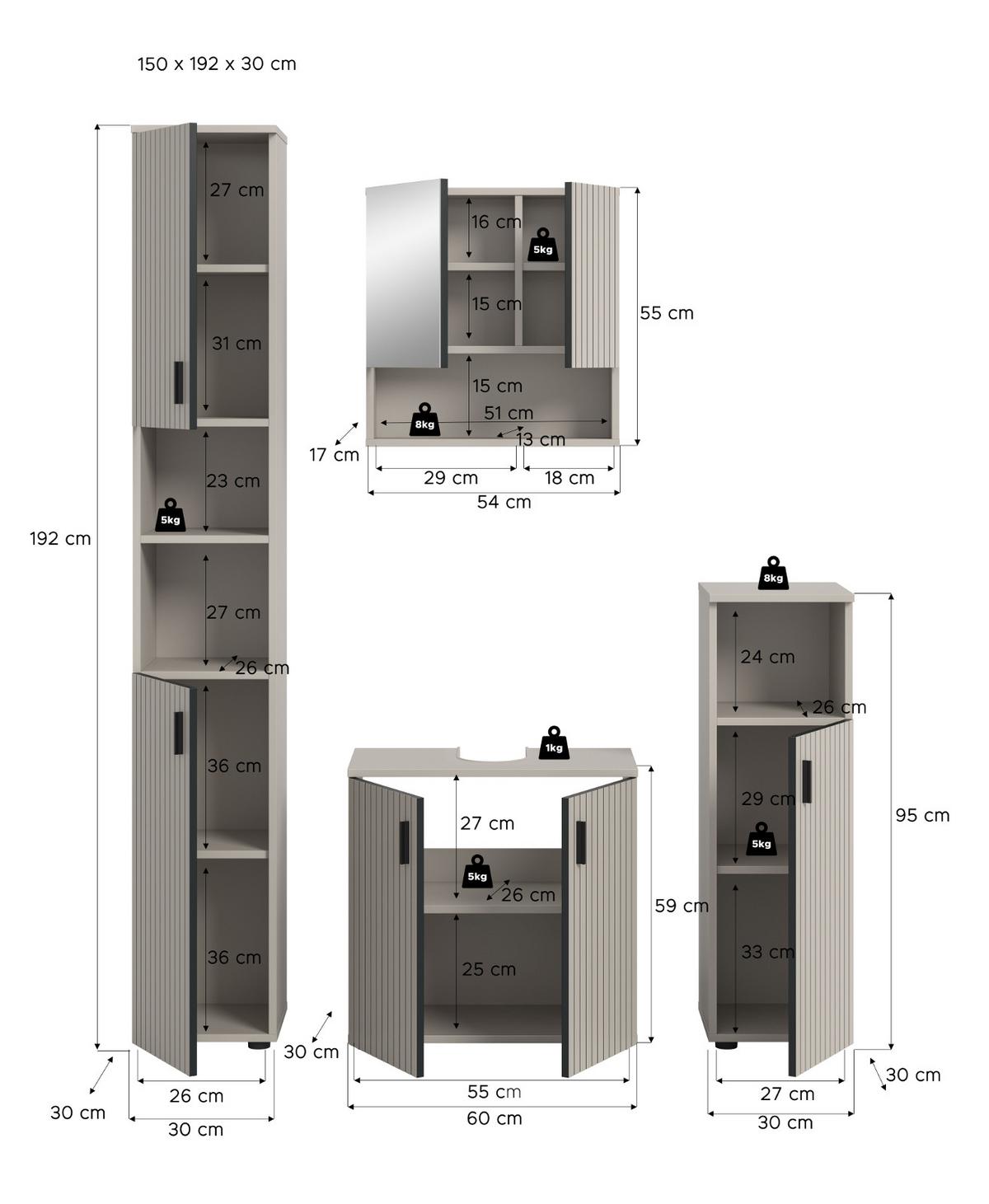 BADMÖBEL-SET Kaschmir 4-teilig 150 cm, Komplettset mit viel Stauraum - Kaschmir/Schwarz, Glas/Holzwerkstoff (150/192/30cm) - Inn.Furn