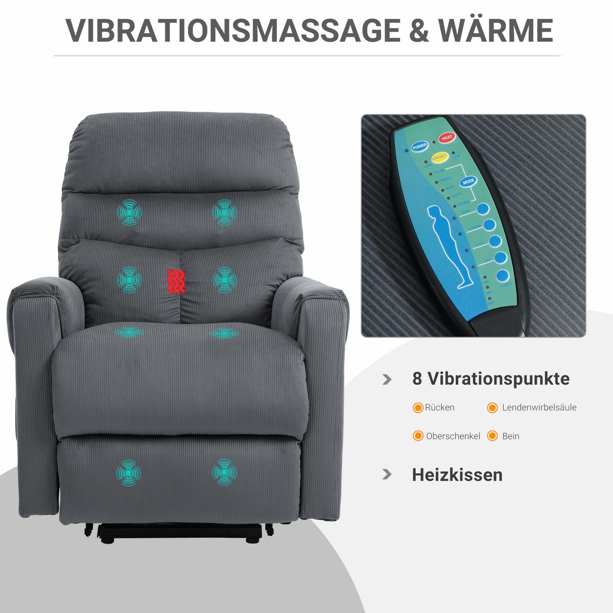 FERNSEHSESSEL Sessel mit Aufstehhilfe mit Massagefunktion Heizung Dunkelgrau - Dunkelgrau/Schwarz, Textil/Metall (93/110/83cm) - HOMCOM