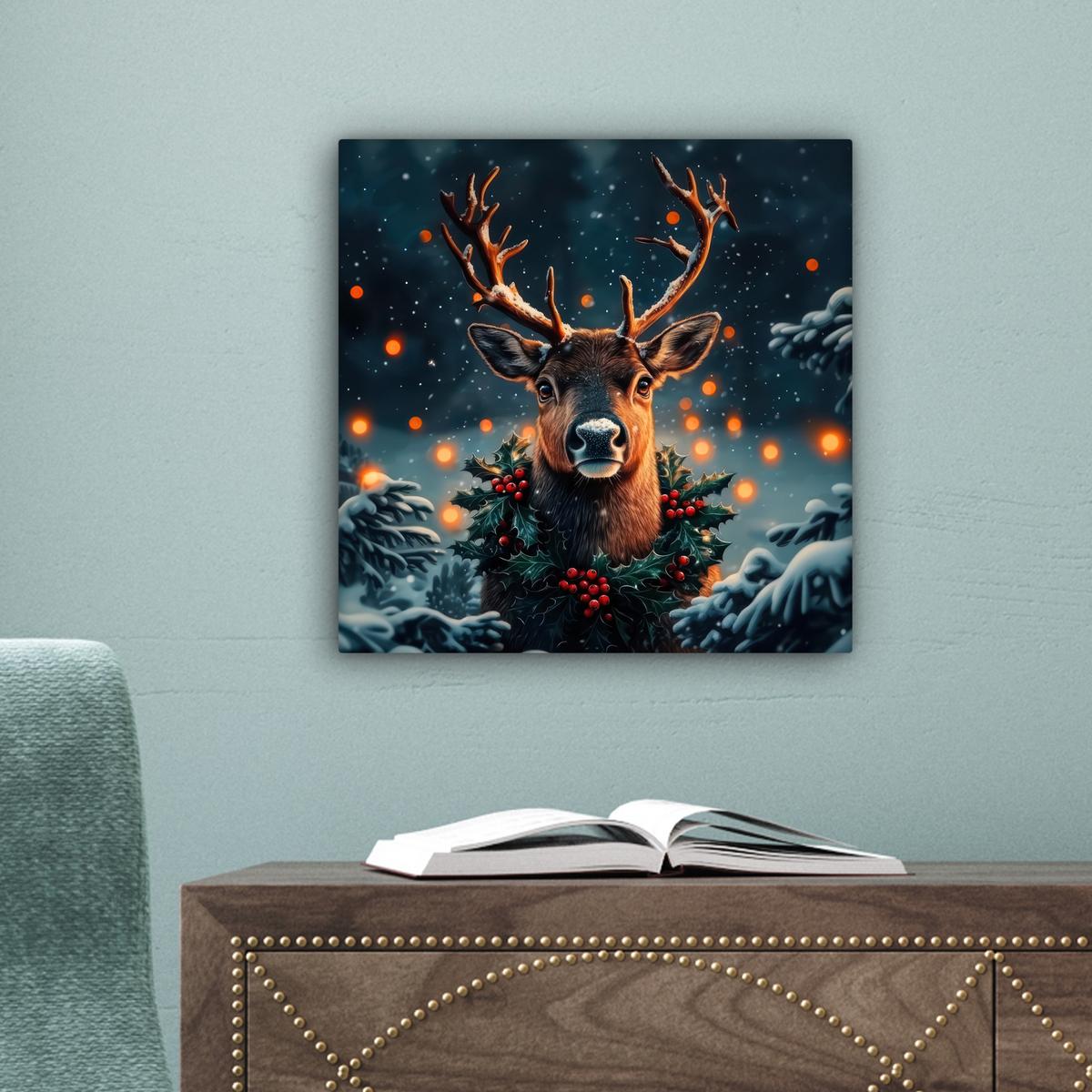 LEINWANDBILD Hirsch - Weihnachten - Winter - Schnee - Weihnachtskranz Deko Wohnzimmer 20x20 cm - Dunkelbraun, Textil (20/20cm) - MuchoWow
