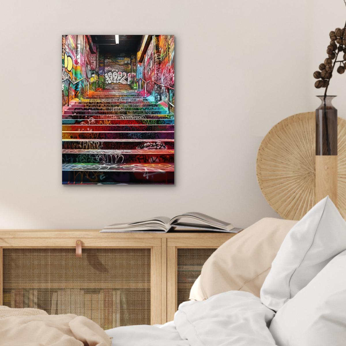 METALLBILD Treppe - Graffiti - Farben - Kunst 30x40 cm - Multicolor, Metall (30/40cm) - MuchoWow
