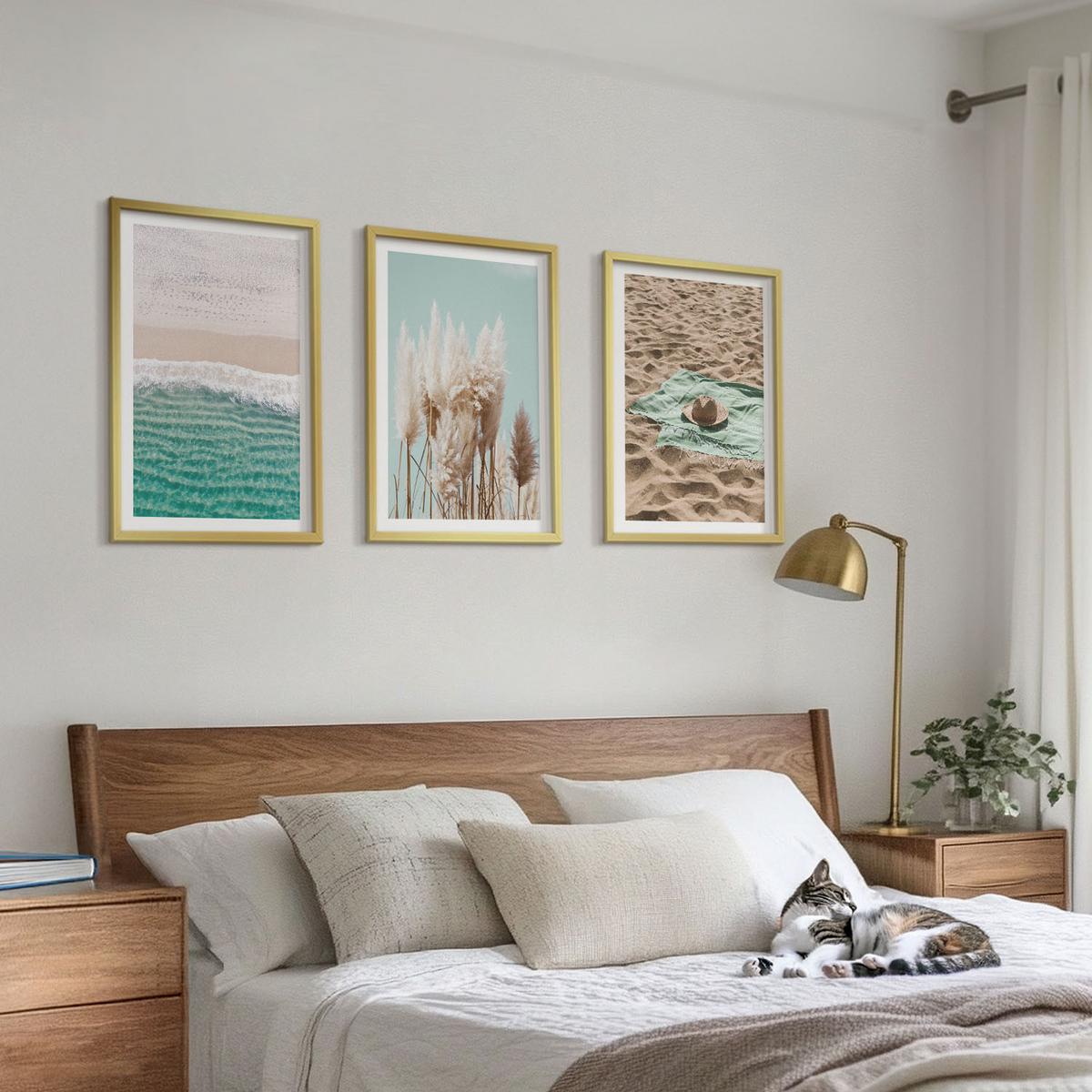 BILDER SET 3er Set - 40x60 cm Goldrahmen - Strandwellen Grashut - Goldfarben, Kunststoff (40/60cm) - TULUP