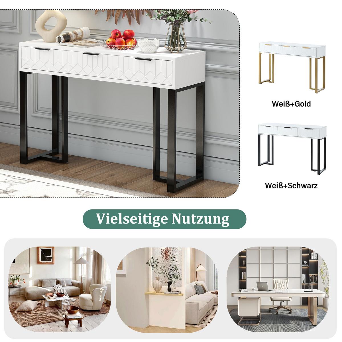 KONSOLENTISCH mdf in weiß & schwarz mit metallgestell, 3 schubladen & verstellbare fußpolster - Weiß, Holzwerkstoff (36/120/80cm) - Urban Meuble