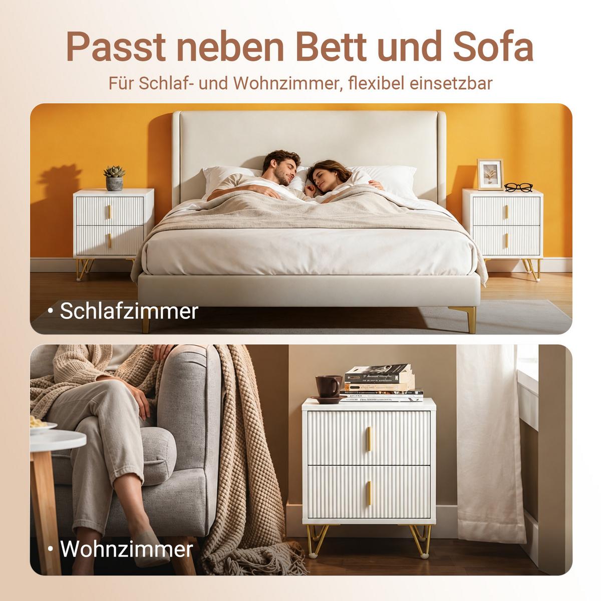 NACHTTISCH 2er Set, Beistelltisch mit 2 Schubladen, Weiß 40x47x40cm, Rillenfront und Metallbeine, modern, Schlafzimmer & Wohnzimmer - Weiß, Holzwerkstoff (40/47/40cm) - SoBuy