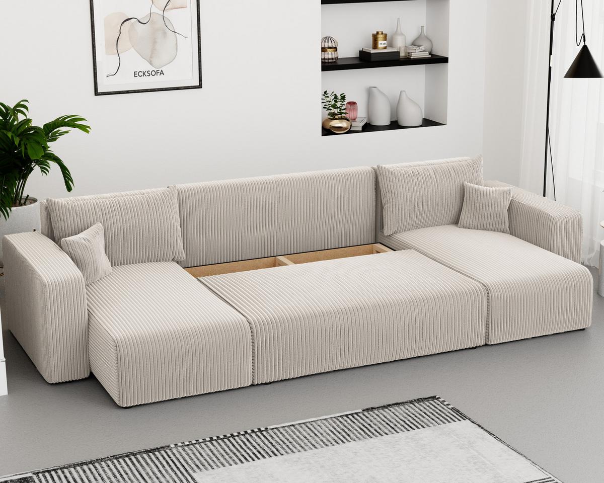 WOHNLANDSHAFT U-Form mit Schlaffunktion und Bettkasten, Beige - Beige, Holzwerkstoff/Textil (318/79/145cm) - Idohome