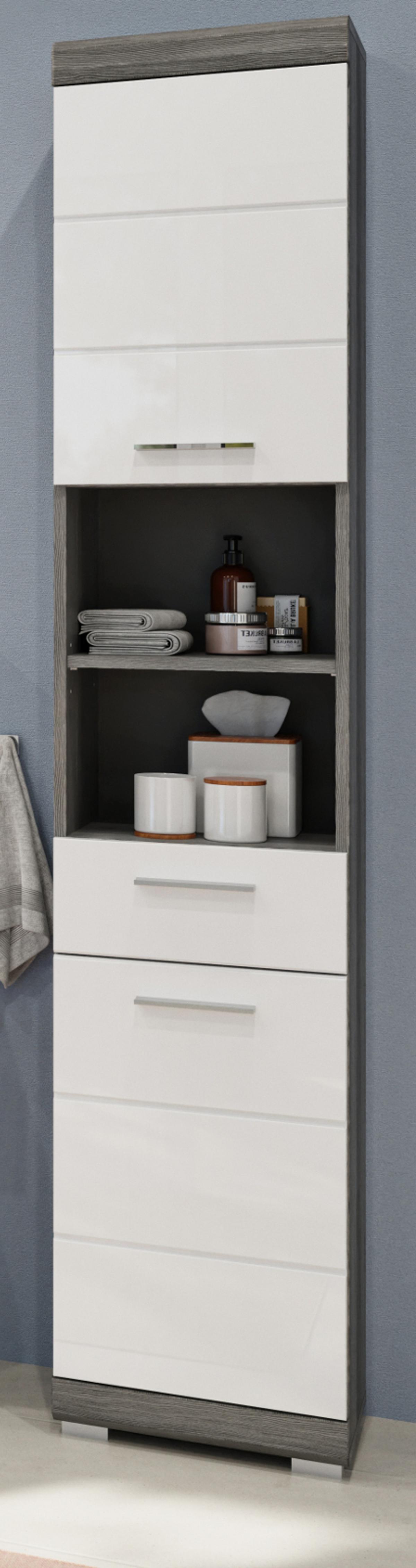 HOCHSCHRANK weiß Hochglanz, grau 190 cm, Badschrank Türanschlag wechselbar - Weiß Hochglanz/Silberfarben, Holzwerkstoff/Kunststoff (37/191/31cm) - Inn.Furn