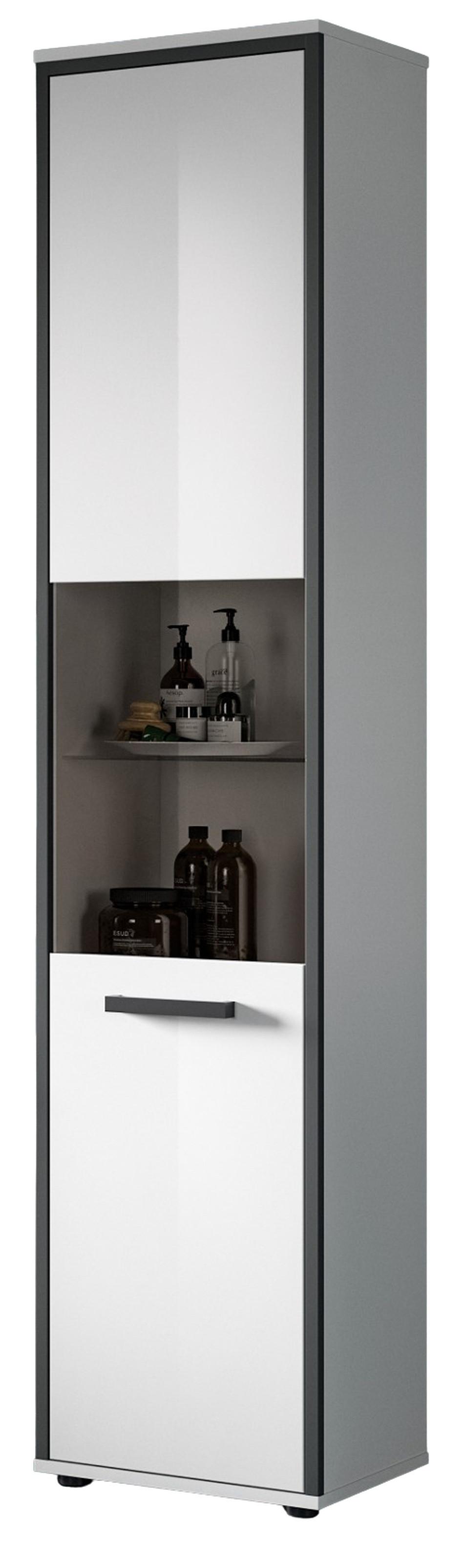 HOCHSCHRANK weiß Hochglanz, grau 40 x 185 cm, Badschrank mit 6 Fächern - Weiß Hochglanz/Schwarz, Glas/Holzwerkstoff (40/188/34cm) - Inn.Furn