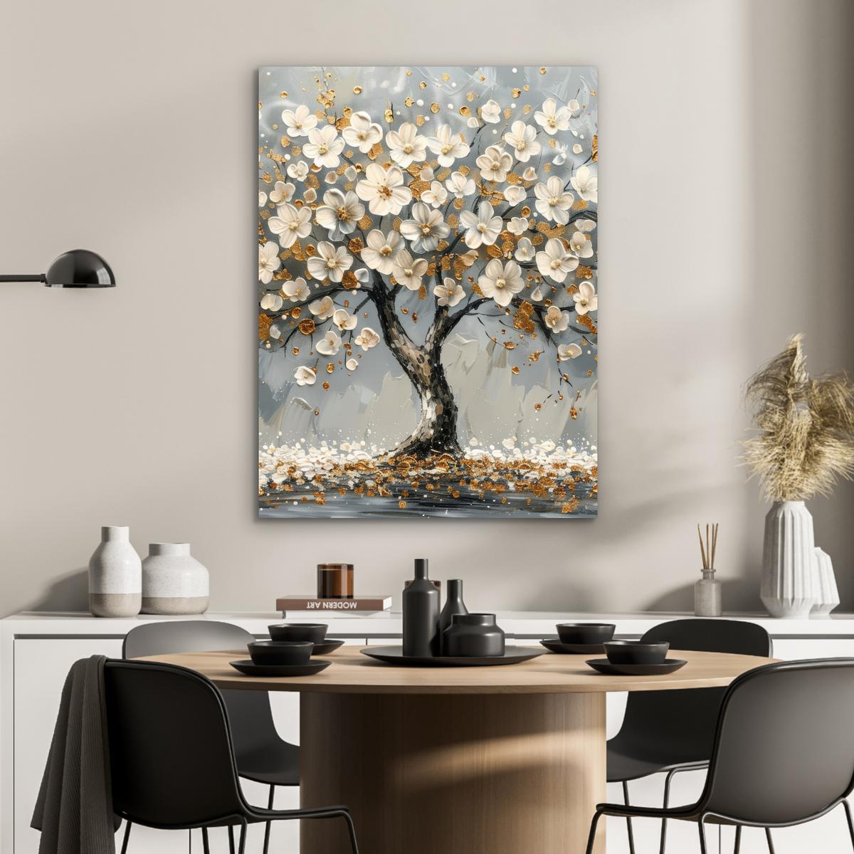 METALLBILD Baum - Blumen - Weiß - Natur - Kunst 60x80 cm - Weiß, Metall (60/80cm) - MuchoWow