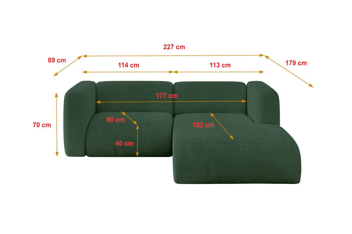 ECKSOFA Ottomane Rechts MIRA-L1 227x179x89 Grün Cord - Salbeigrün/Schwarz, Holzwerkstoff/Kunststoff (227/179cm) - ALTDECOR