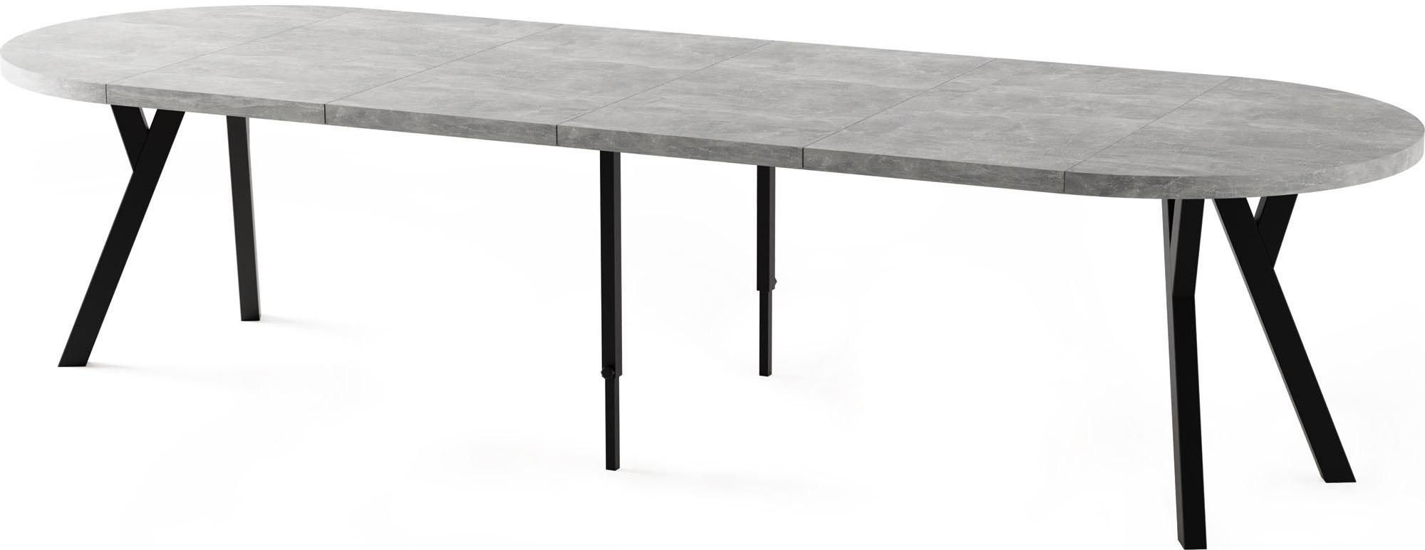 ESSTISCH Twixy XXL groß rund oval ausziehbar, Grauer Beton 100-300/100/76 cm - Hellgrau/Schwarz, Holz/Holzwerkstoff (100/300/76cm) - WFL GROUP