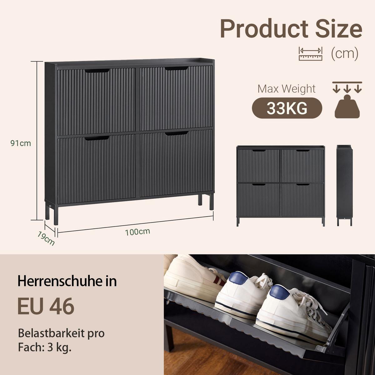 SCHUHSCHRANK schmal, nur 19 cm tief, 100x19x91 cm, schwarz, 4 Klappen, bis EU 46, modern, für Flur & Diele - Schwarz, Holzwerkstoff/Metall (100/91/19cm) - SoBuy