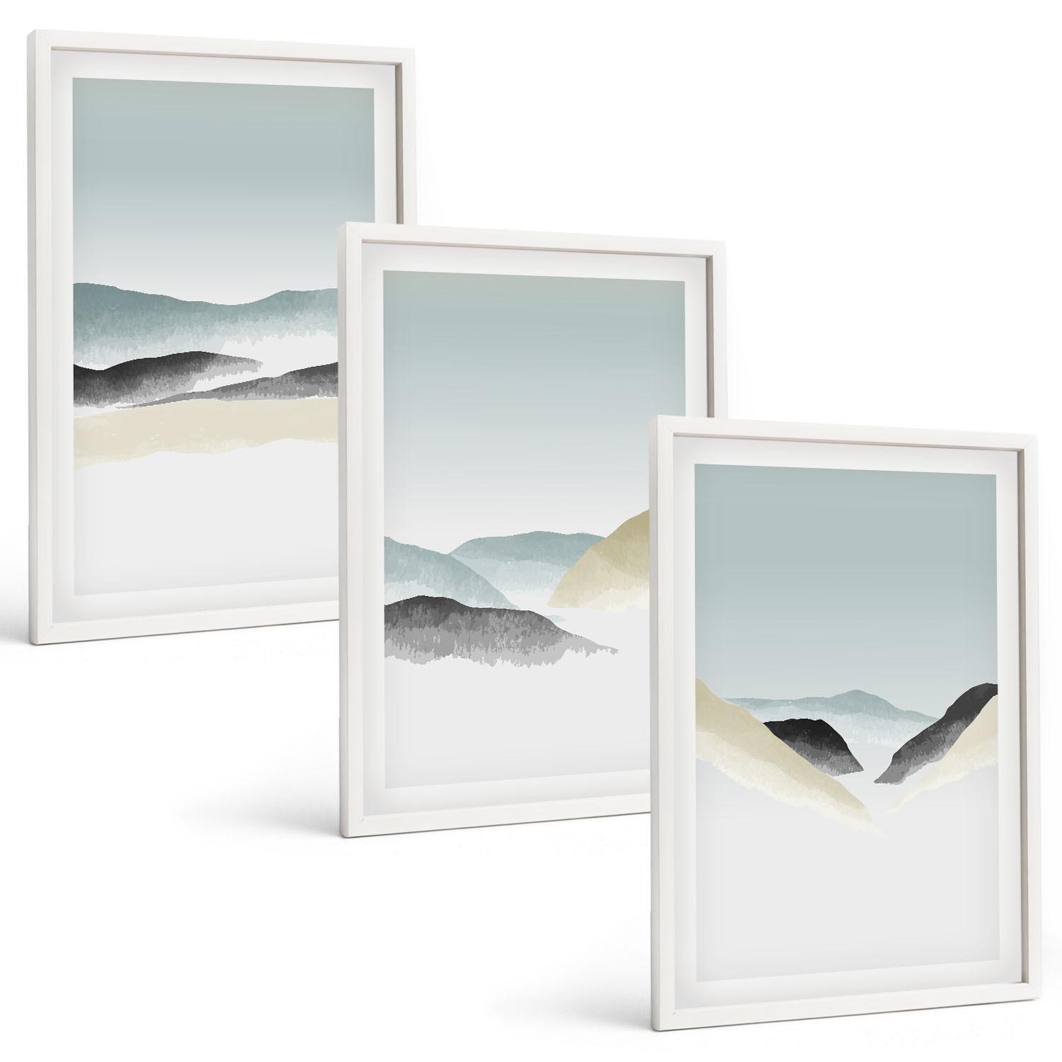 BILDER SET 3er Set - 40x60 cm Weißer Rahmen - Minimalistische Pastellberge - Weiß, Kunststoff (40/60cm) - TULUP