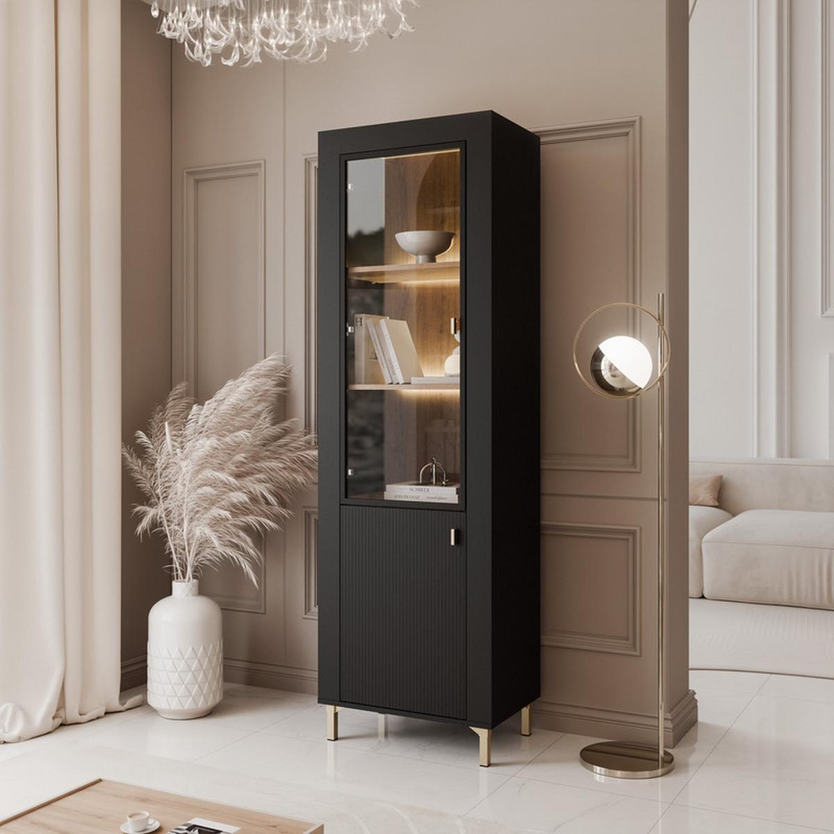 VITRINE AVENA Glastüren, 60/40/194 cm Schwarz / Eiche - Schwarz, Holzwerkstoff/Kunststoff (60/194/40cm) - Idohome