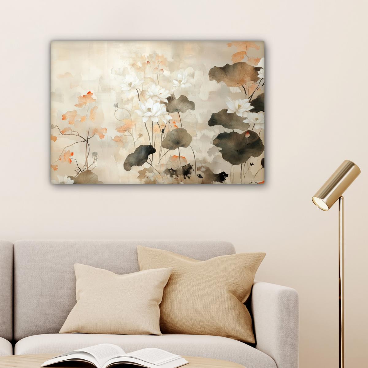 LEINWANDBILD Blumen - Japandi - Wabi sabi Wanddeko 90x60 cm - Sandfarben, Textil (90/60cm) - MuchoWow