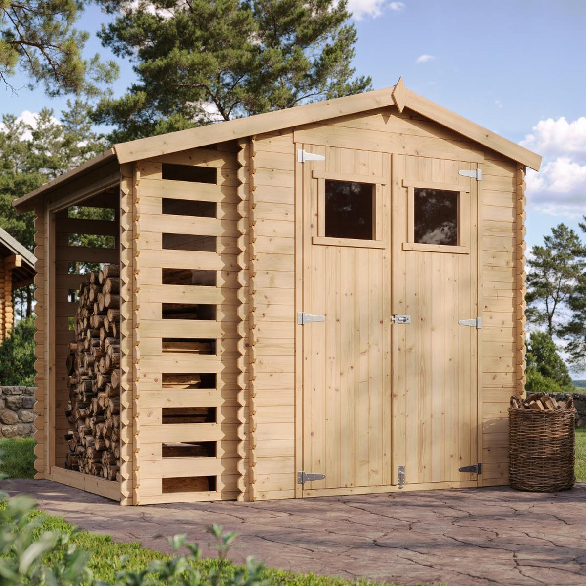 HOLZHAUS GARTENHAUS Mit Brennholzschuppen M386 - B272xL206xH218 cm/ 3,53 + 0,97 m2 - Beige, Holz (256/218/206cm) - Timbela