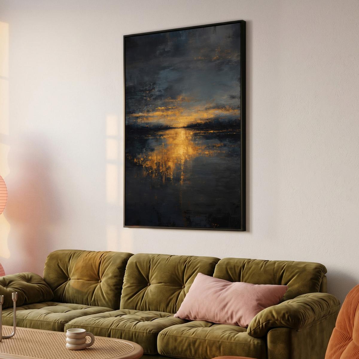 LEINWAND Bilder mit Rahmen - Goldene Reflexion auf dem Wasser - 90x140 - Anthrazit, Textil (90/140cm) - MuchoWow