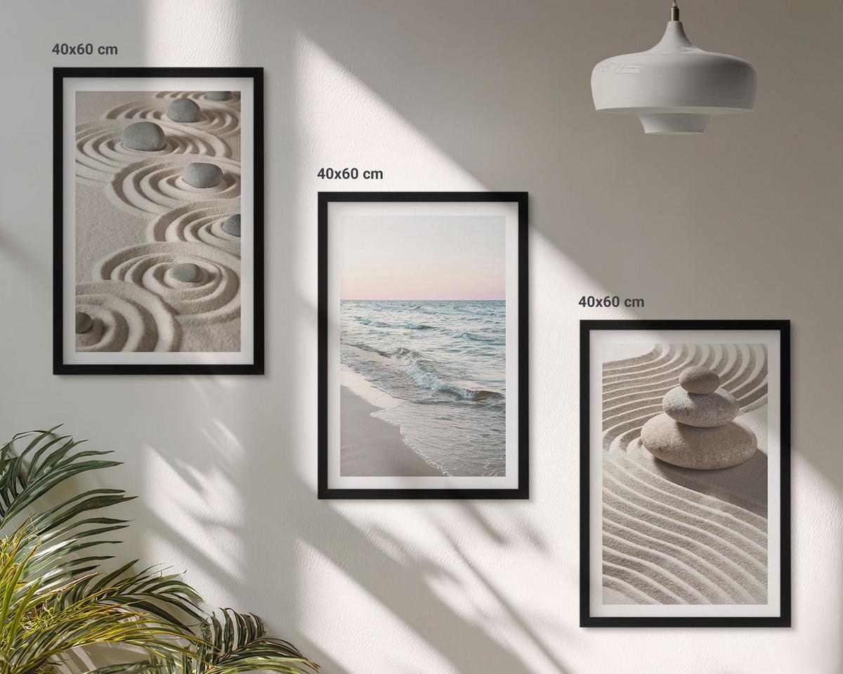 BILDER SET 3er Set - 40x60 cm Schwarzer Rahmen - Wellen, Sand, Wasser, Steine, Strand - Schwarz, Kunststoff (40/60cm) - TULUP