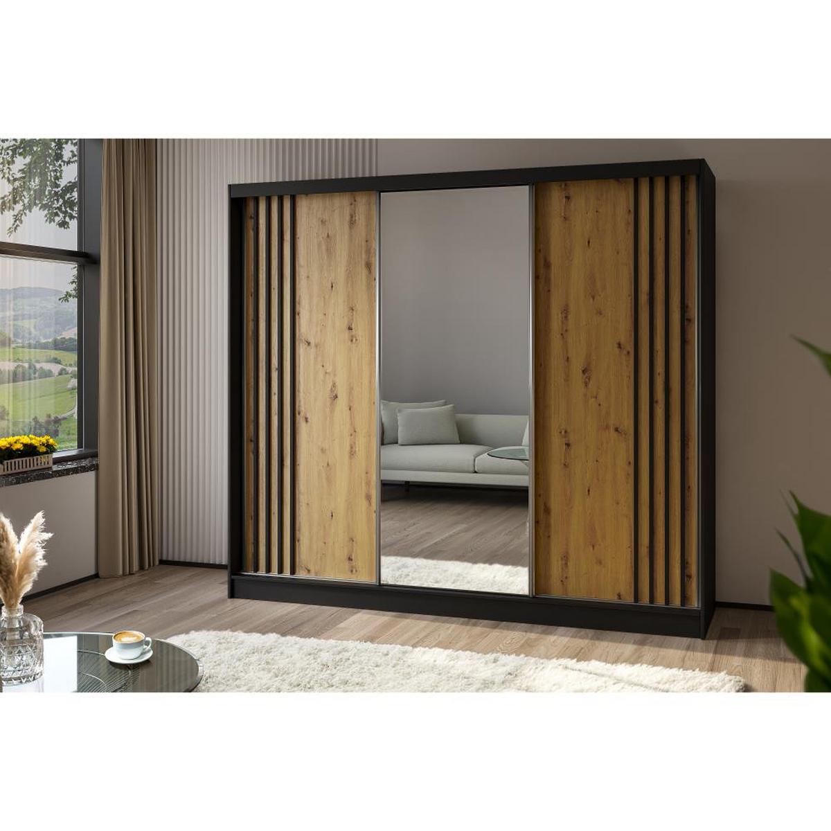 SCHWEBETÜRENSCHRANK Nela II 240/216/61 schwarz mit Schubladen - Schwarz/Eiche Artisan, Holzwerkstoff (240/216/61cm) - Beautysofa