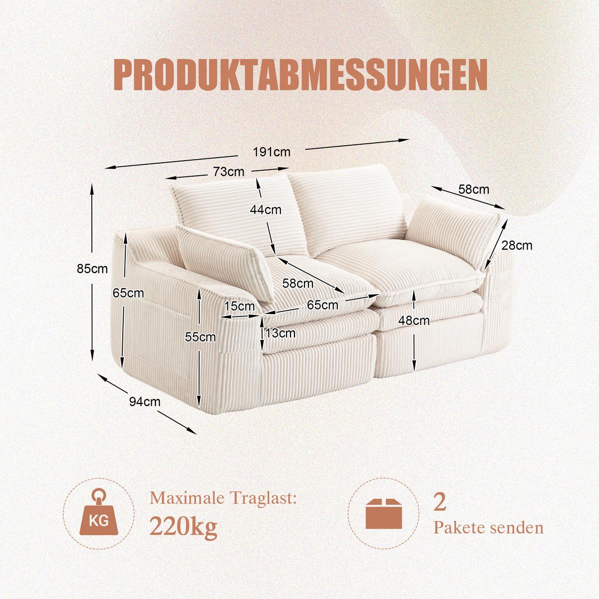 2-SITZER SOFA cordstoff mit seitentaschen & federkern - Beige, Textil (191/85/94cm) - Urban Meuble