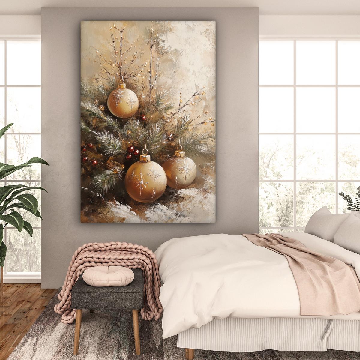 LEINWANDBILD Weihnachten - Kugeln - Beige - Gold Deko Groß 90x140 cm - Goldfarben, Textil (90/140cm) - MuchoWow