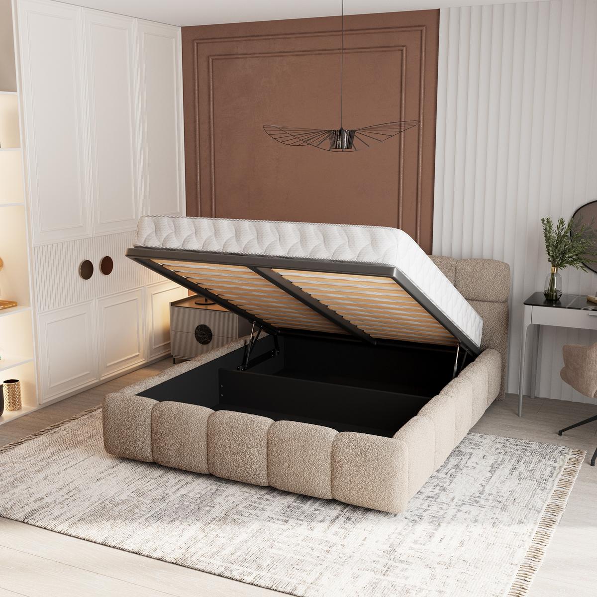 POLSTERBETT FARU Q 160x200 cm mit Bettkästen - Beige - Beige, Holz (160/200cm) - MASSENO