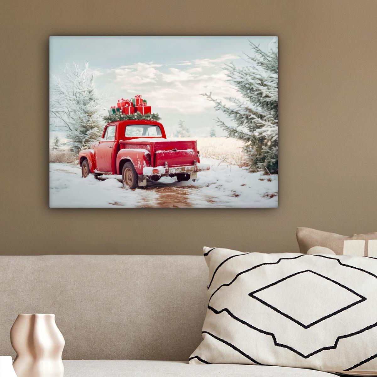 LEINWANDBILD Auto - Rot - Geschenke - Winter - Schnee - Weihnachten Wandbild 40x30 cm - Rot, Textil (40/30cm) - MuchoWow