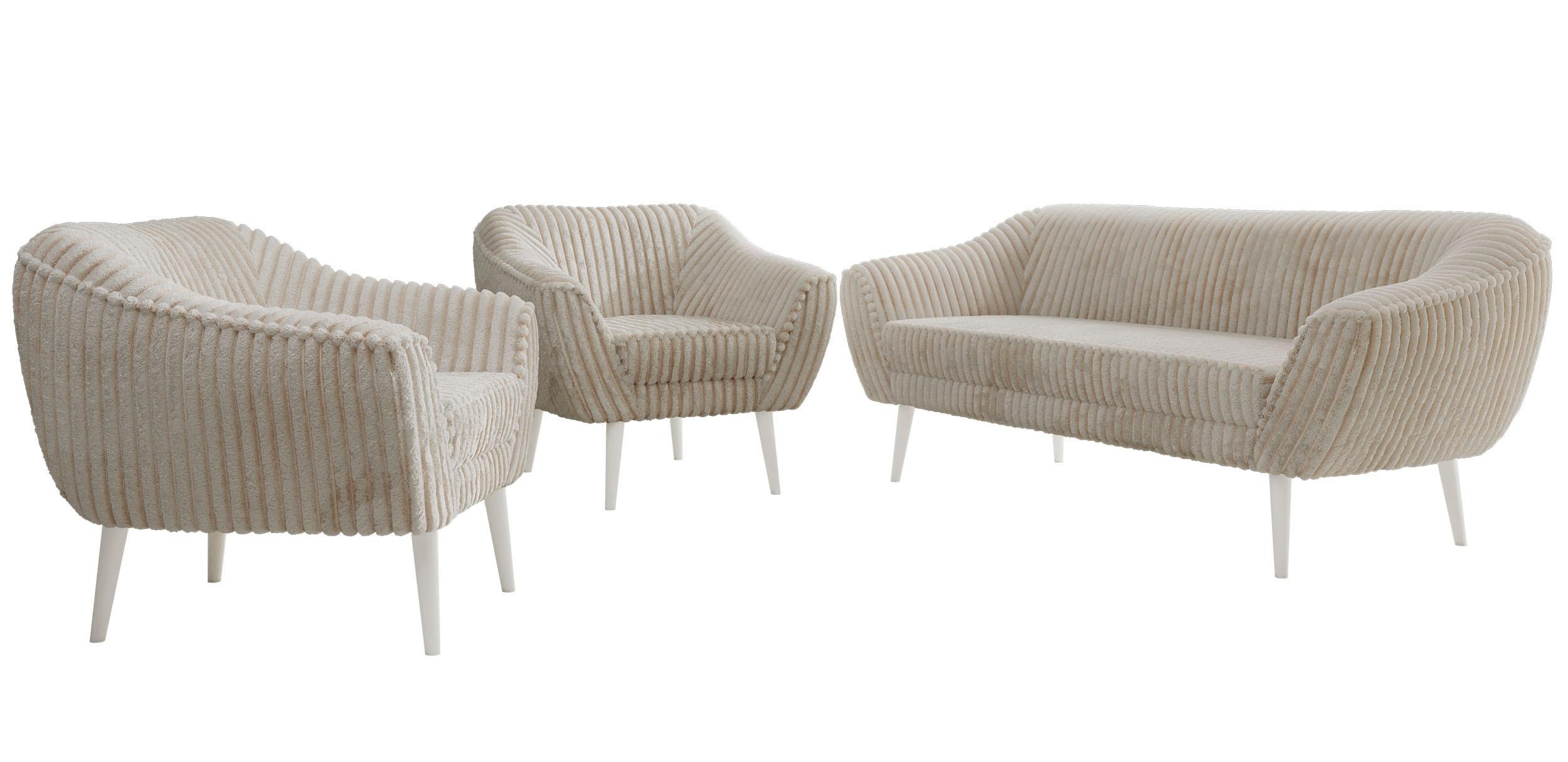 SITZGARNITUR PIRS 3+1+1 - Beige Cord - Weiße Beine - Beige/Creme, Holzwerkstoff/Textil (180/75/74cm) - MKS