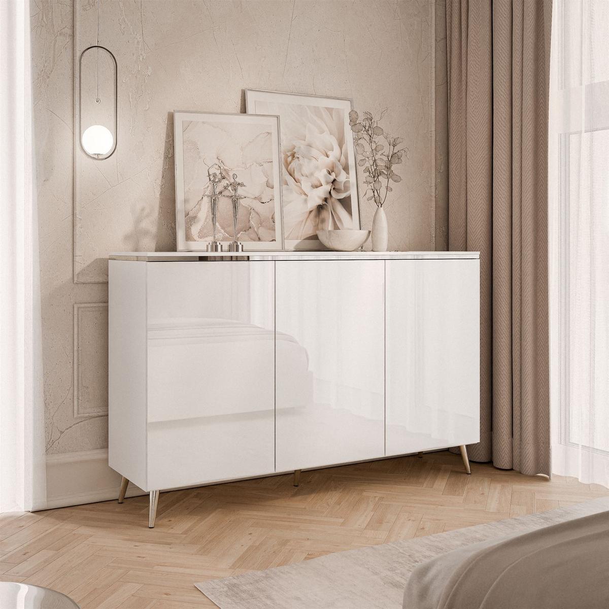 KOMMODE AURORA SILVER 3D – mit schrägen verchromten Beinen - Weiß Hochglanz/Silberfarben, Holzwerkstoff/Metall (140/90/40cm) - Lookway