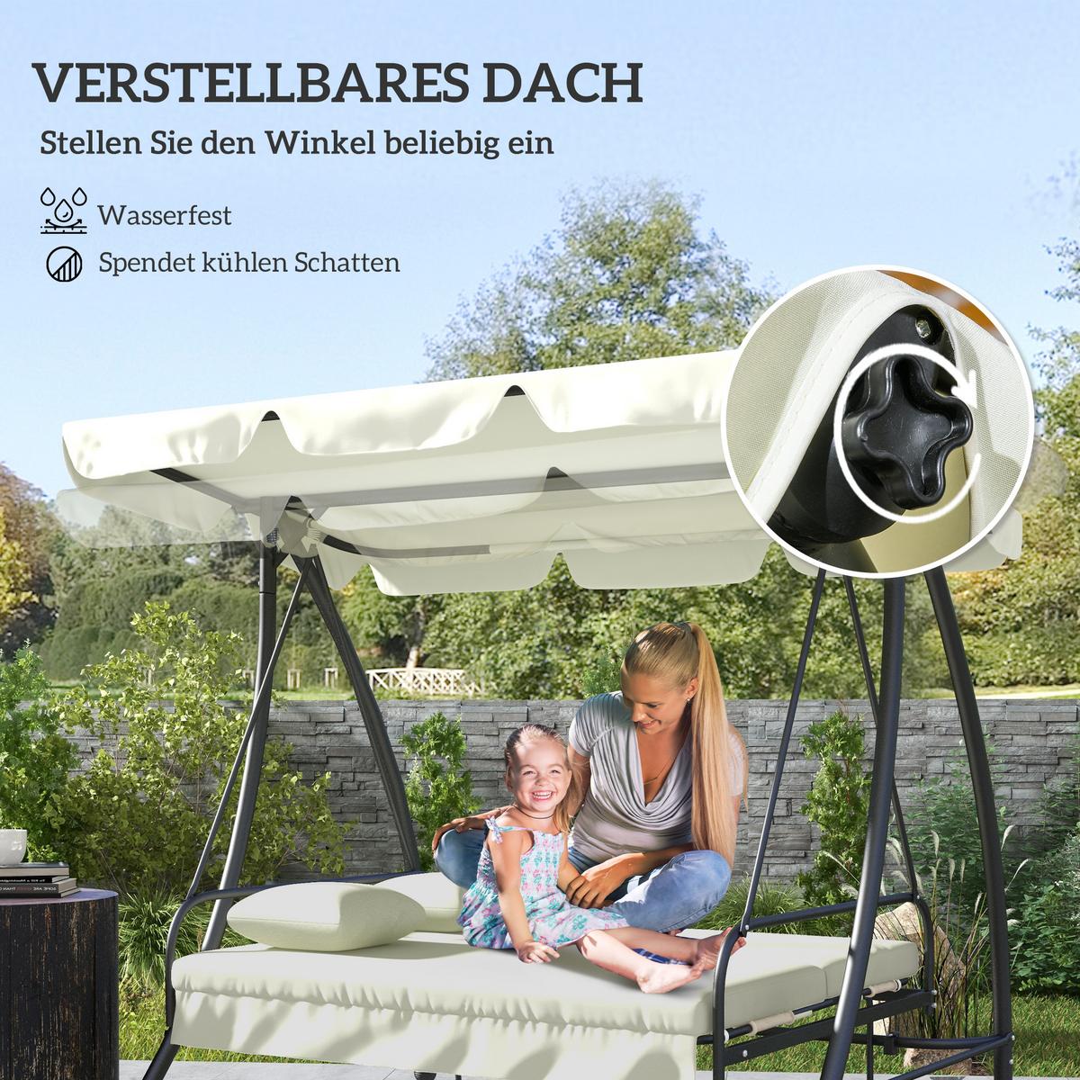 HOLLYWOODSCHAUKEL 2 in 1 mit Liegefunktion 3-Sitzer Gartenschaukel Cremeweiß - Creme, Metall (125/170/210cm) - Outsunny