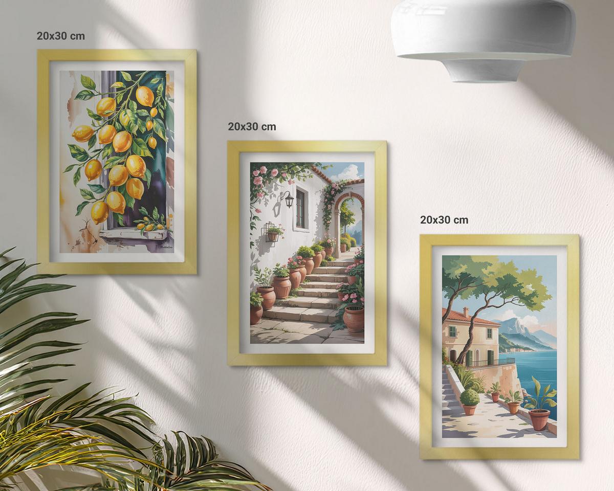 BILDER SET 3er Set - 20x30 cm Goldrahmen - Zitronen, Blumen, Meerblick - Goldfarben, Kunststoff (20/30cm) - TULUP