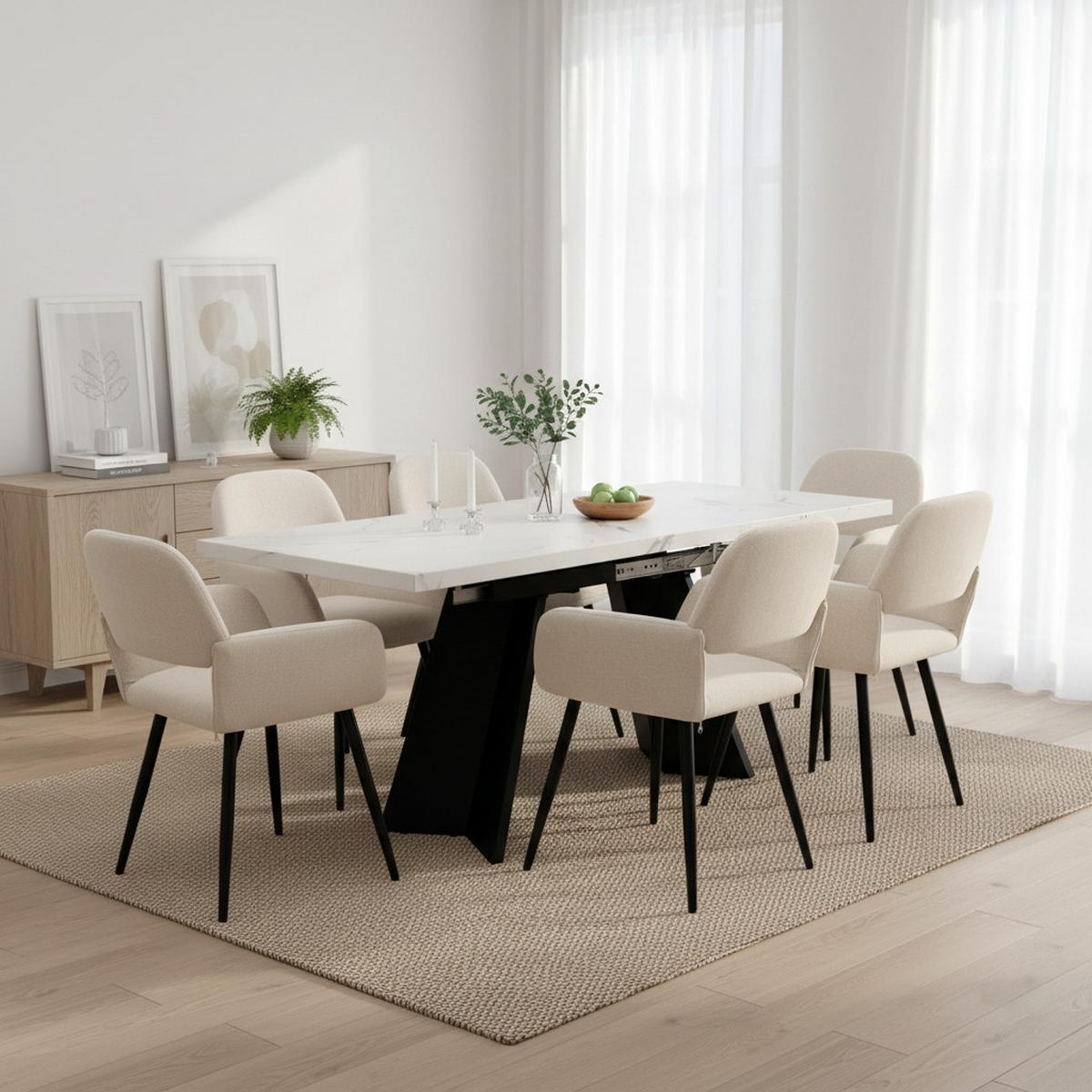 TISCHGRUPPE 7-teilig Ausziehtisch Marmoroptik Weiß & 6x 360° Drehstühle Beige - Schwarz/Weiß, Holzwerkstoff/Textil (159/77/74cm) - Urban Meuble