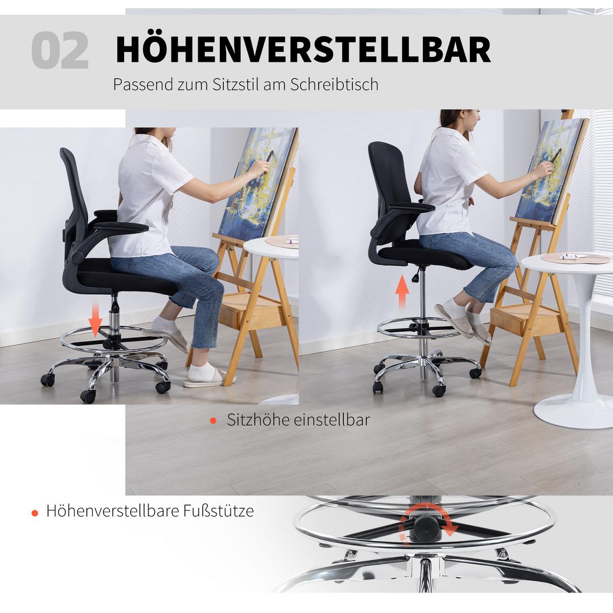 BÜROSTUHL mit Hochklappbar Armlehne Verstellbarer Fußring und 4D-Lendenstütze - Schwarz, Kunststoff/Textil (60/132/60cm) - HOMCOM