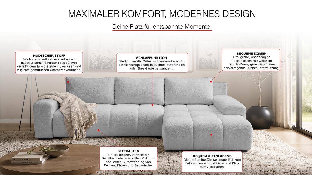 ECKSOFA Ovia mit Bettkasten und Schlaffunktion, Bouclé-Stoff in L-Form - Hellgrau, Textil (270/185cm)