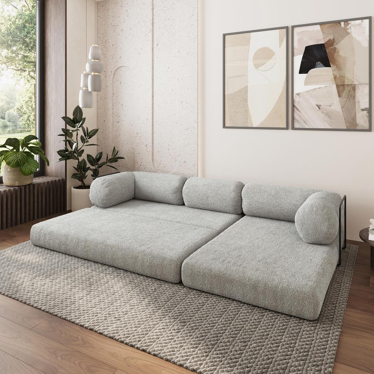 ECKSOFA KELI modulares Boneless Sofa mit Schlaffunktion Hellgrau Boucle-Stoff - Hellgrau, Textil (270/160cm) - MASSENO