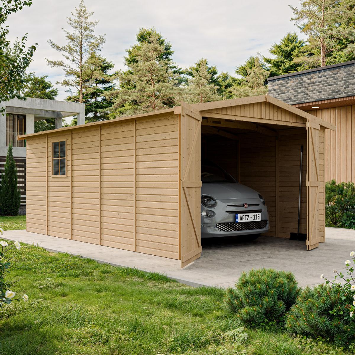 HOLZGARAGE - Abstellraum mit Fenstern - H222x516x324 cm/15 m² - M101 - Naturfarben, Holz (303/183/493cm) - Timbela