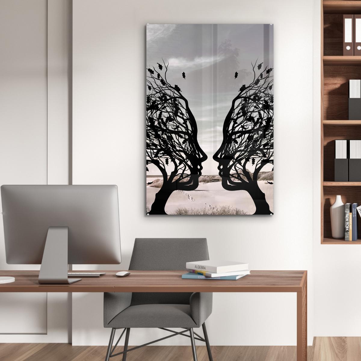 ACRYLGLASBILD Strand - Meer - Menschen - Baum - Moderne Kunst 80x120 cm - Hellgrau, Glas (80/120cm) - MuchoWow