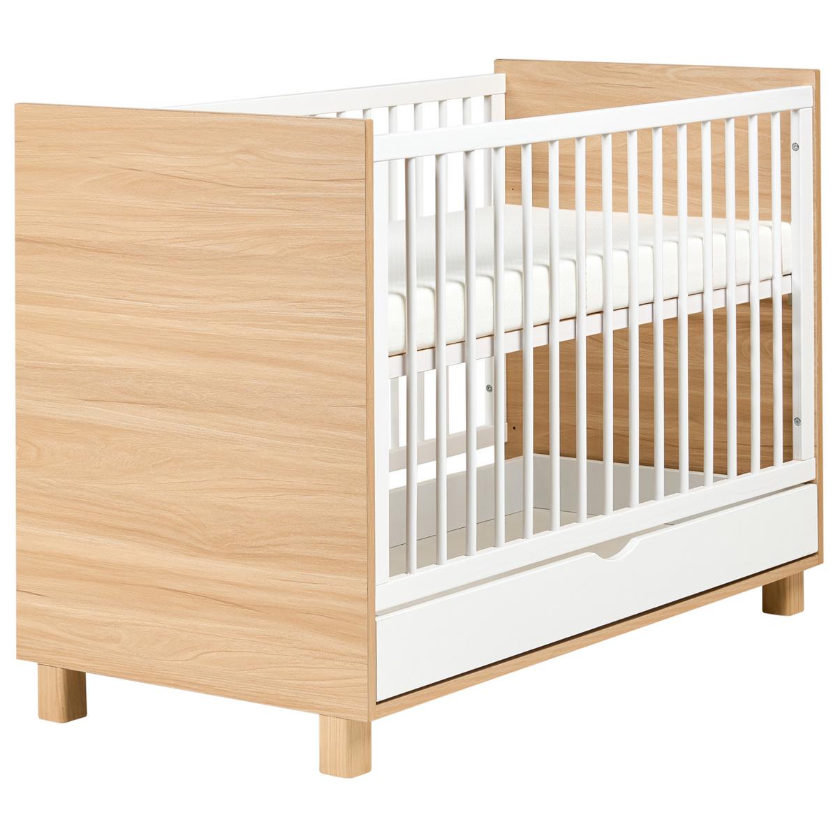 BABYBETT mit Schublade 60/120 cm Weiß Gunnar - Hellbraun/Weiß, Holzwerkstoff (60/120cm) - Beliani