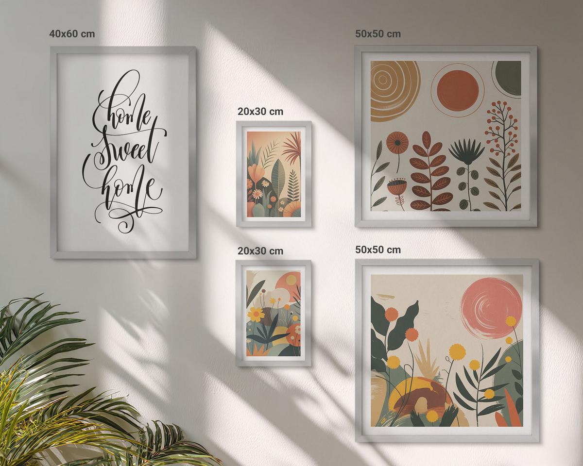 BILDER SET 5er Set - 50x50 cm & 20x30 cm & 40x60 cm Silberner Rahmen - Pastellfarbene Pflanzenmuster - Silberfarben, Kunststoff (40/60cm) - TULUP
