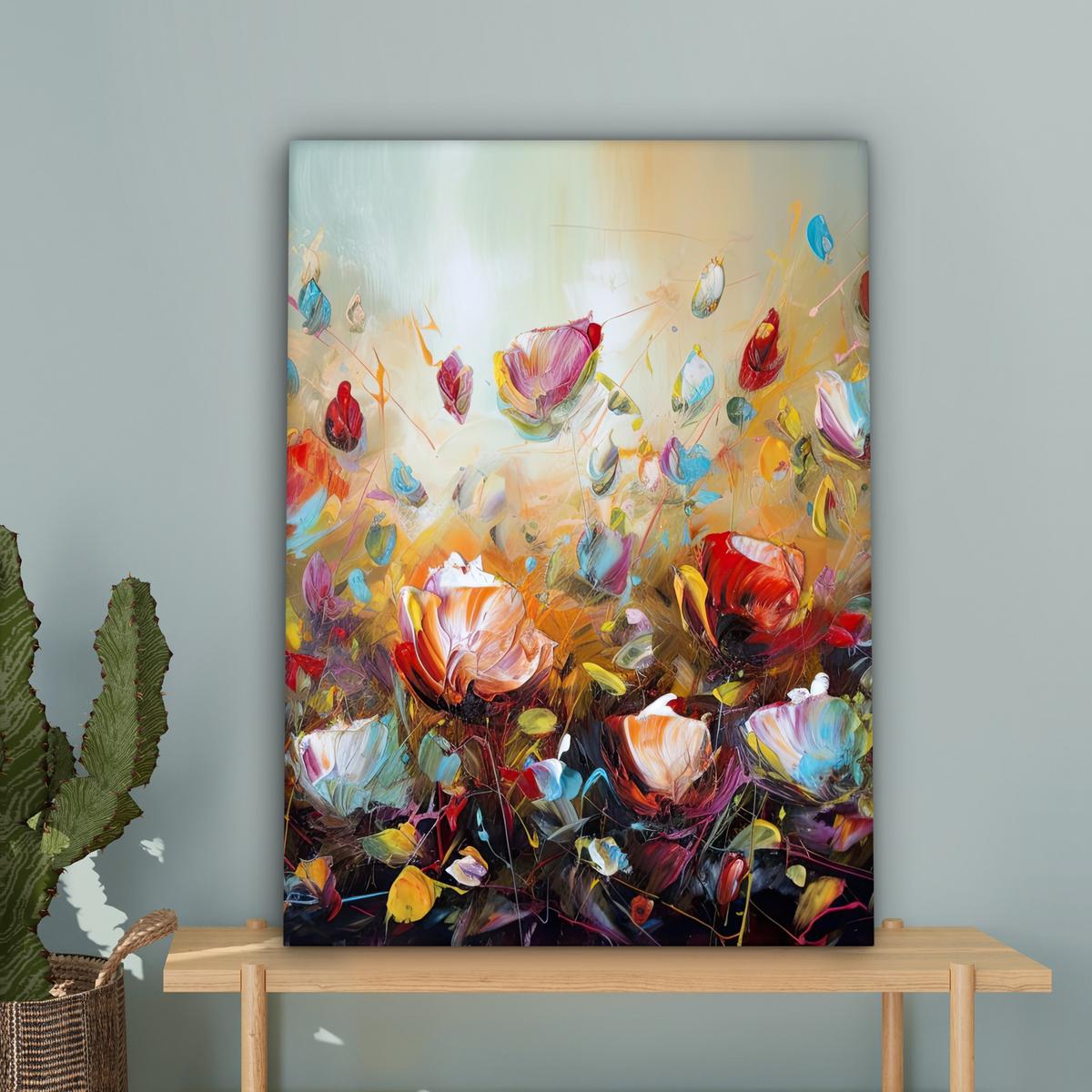 LEINWANDBILD Blumen - Kunst - Natur - Ölgemälde Wandbild Wohnzimmer 60x80 cm - Multicolor, Textil (60/80cm) - MuchoWow