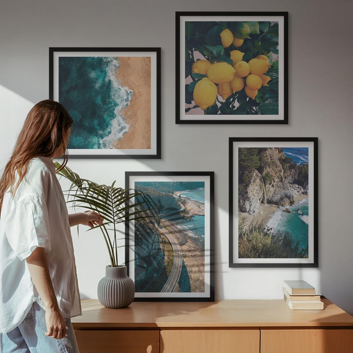 BILDER SET 4er Set - 50x50 cm & 40x60 cm Schwarzer Rahmen - Meerstrand Zitronen Berge - Schwarz, Kunststoff (50/50cm) - TULUP