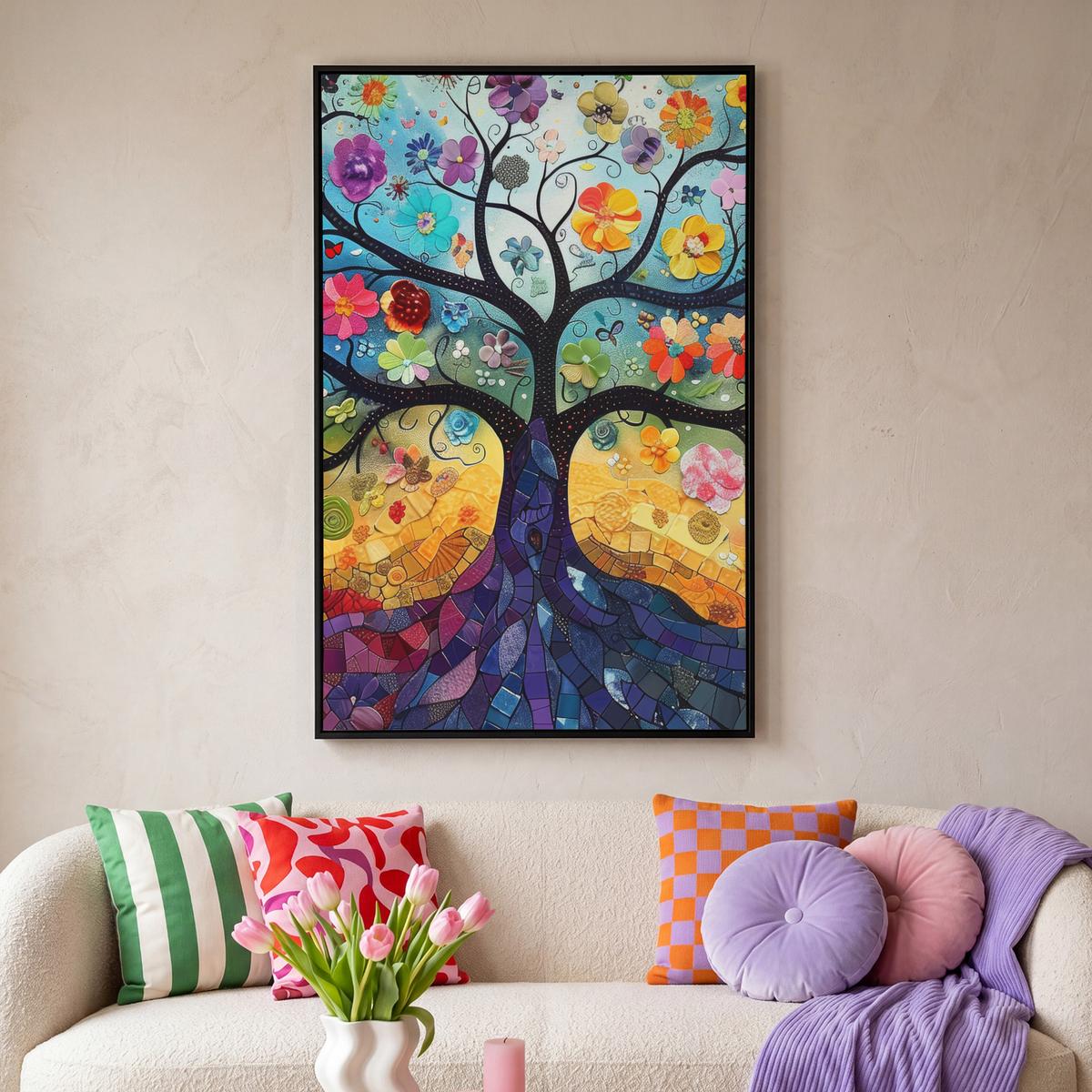 LEINWAND Bilder mit Rahmen - Kunst - Baum des Lebens - Blumen - Hippie - 100x150 - Dunkelblau, Textil (100/150cm) - MuchoWow