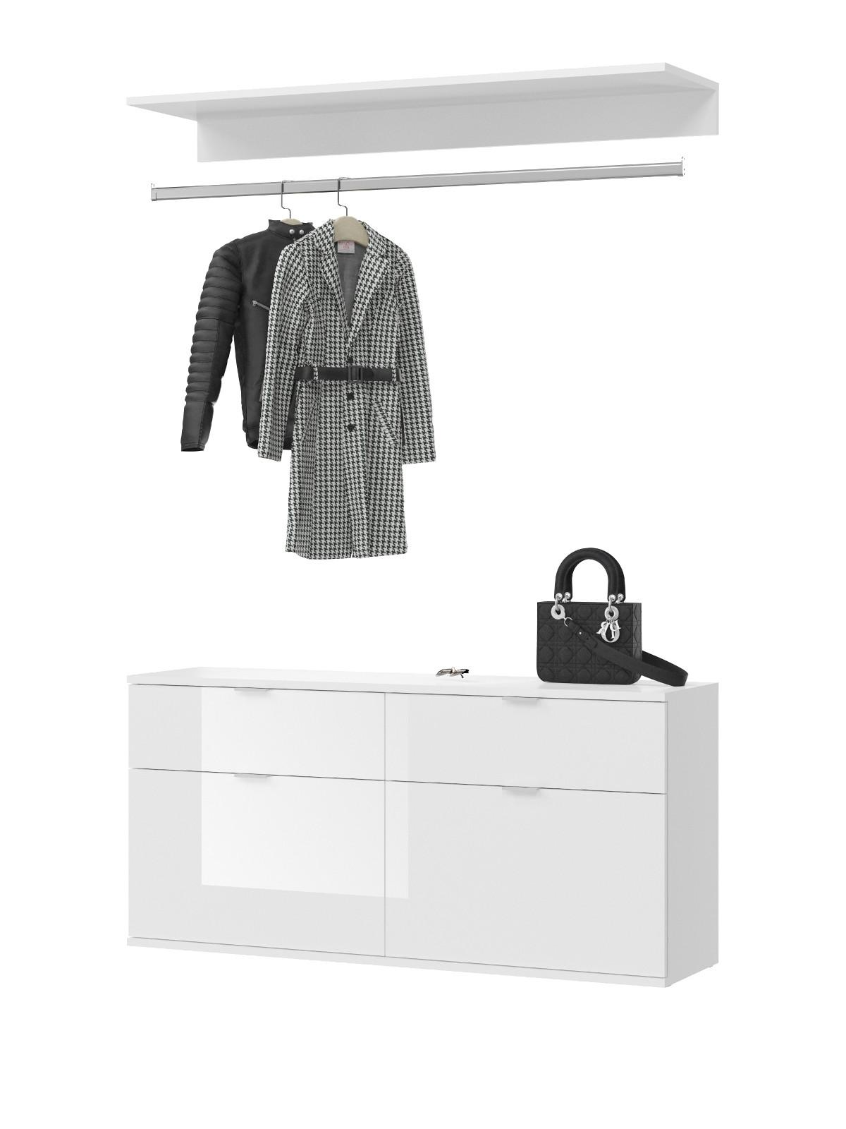 GARDEROBEN-SET weiß Hochglanz 121 cm, Komplettset mit Kleiderstange - Chromfarben/Weiß Hochglanz, Holzwerkstoff/Metall (121/79/34cm) - Inn.Furn