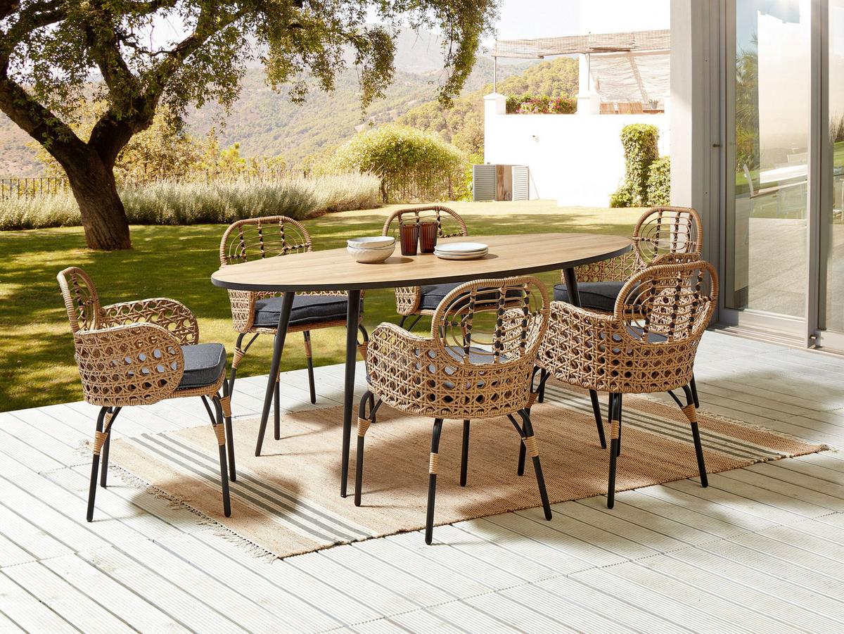 GARTENSTUHL 6er-Set PE Rattan Auflage graphitgrau Pratello - Graphitfarben/Naturfarben, Kunststoff (45/84/49cm) - Beliani