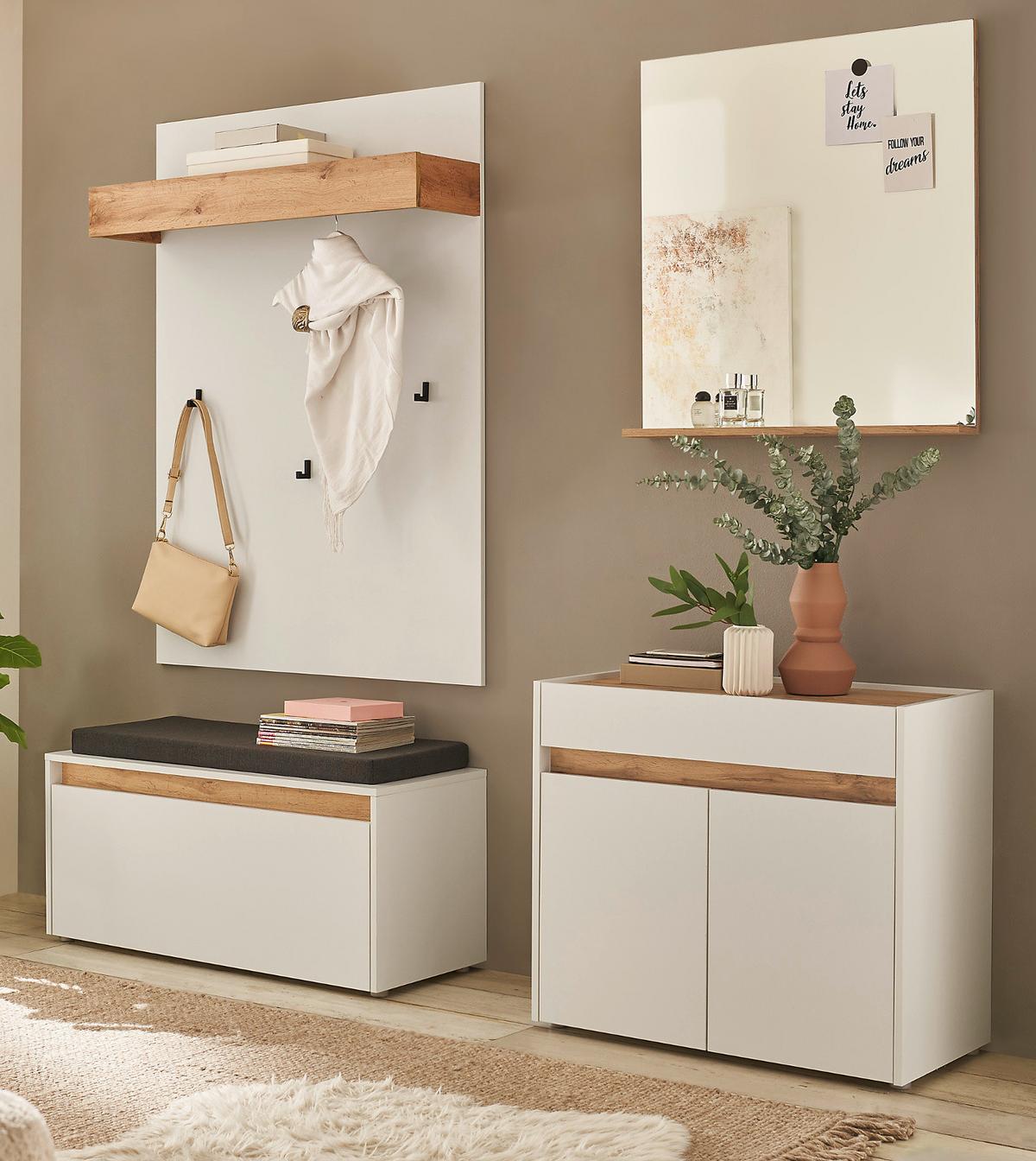 GARDEROBE 5-teilig Set weiß, Eiche Wotan 190 cm, viel Stauraum - Eiche Wotan/Silberfarben, Glas/Holzwerkstoff (190/200/40cm) - Furn.Design