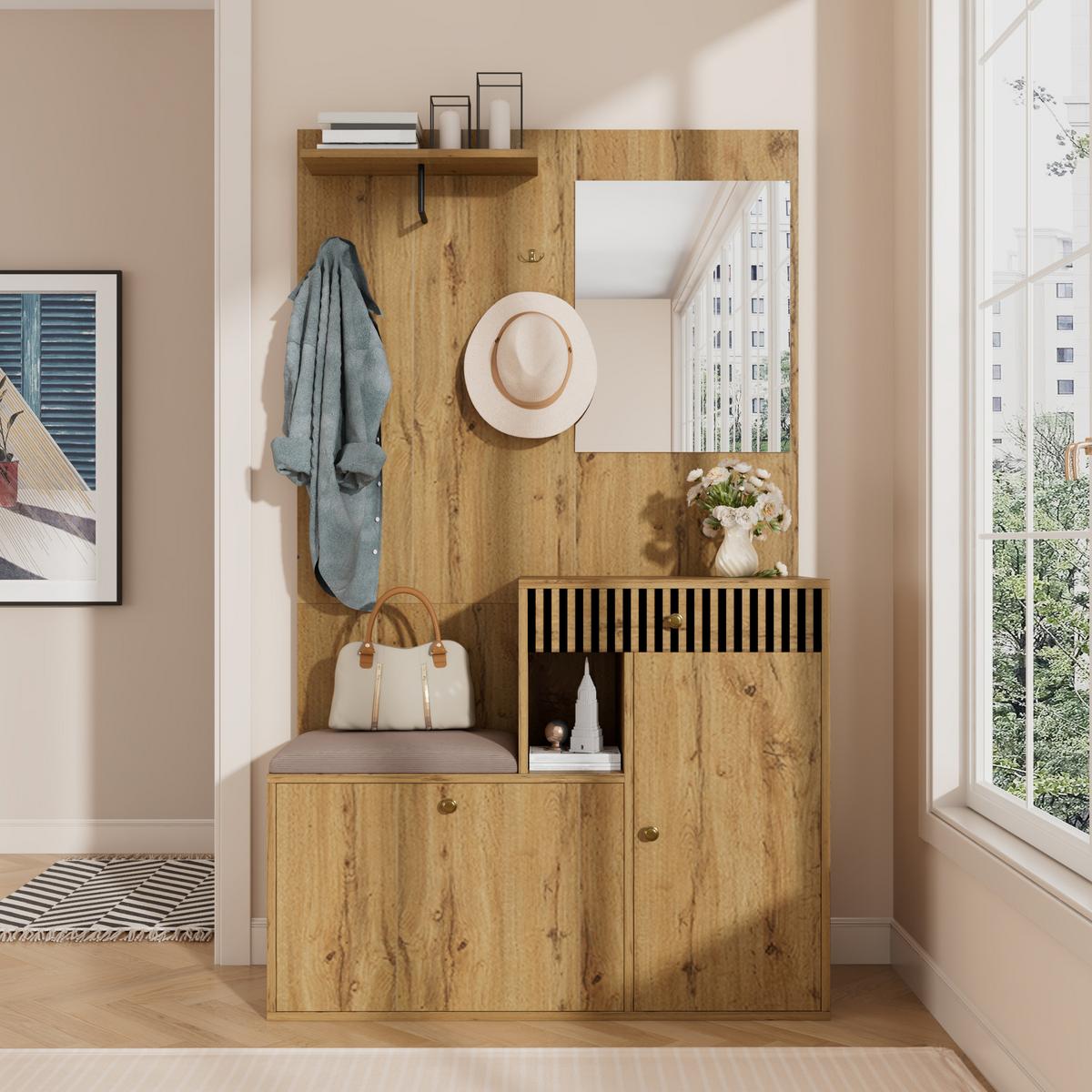 GARDEROBE FÜR FLUR - kombischrank mit Spiegel, Sitzbank und Stauraum - Sonoma Eiche, Glas/Holzwerkstoff (110/186/37cm) - Urban Meuble
