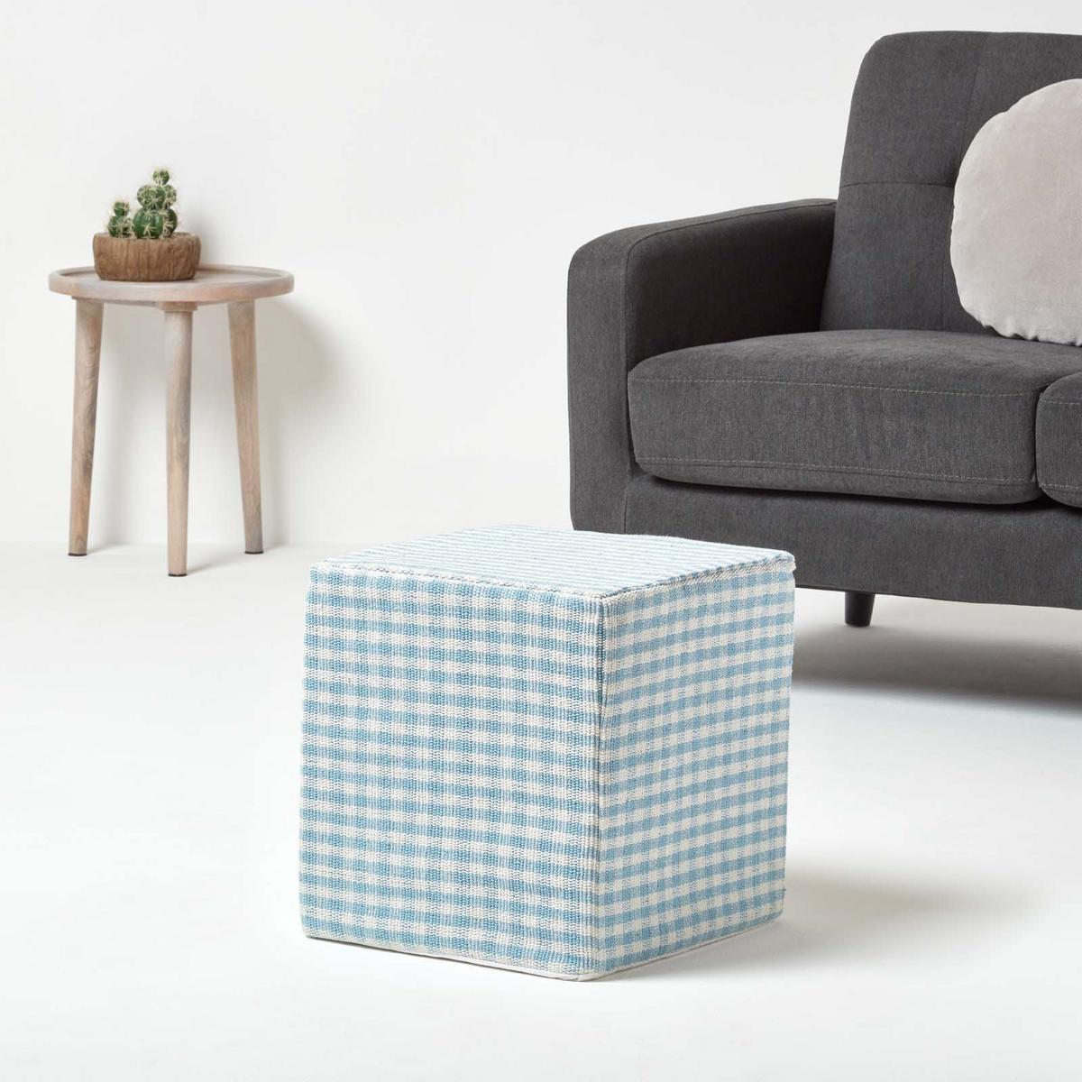 SITZWÜRFEL Vichy-Karo blau, Hocker kariert 36/36/38 cm - Blau, Textil (36/38/36cm) - Homescapes