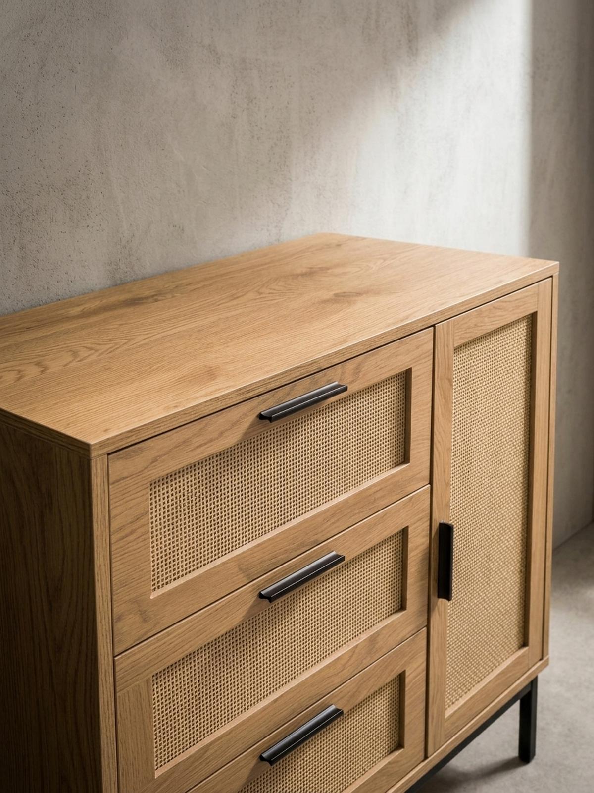 KOMMODE – Eiche-Dekor/Rattan, 80x82x36 cm, 3 Schubladen, 1 Tür, modern - Schwarz/Braun, Holzwerkstoff/Metall (80/82/36cm) - KADIMA DESIGN