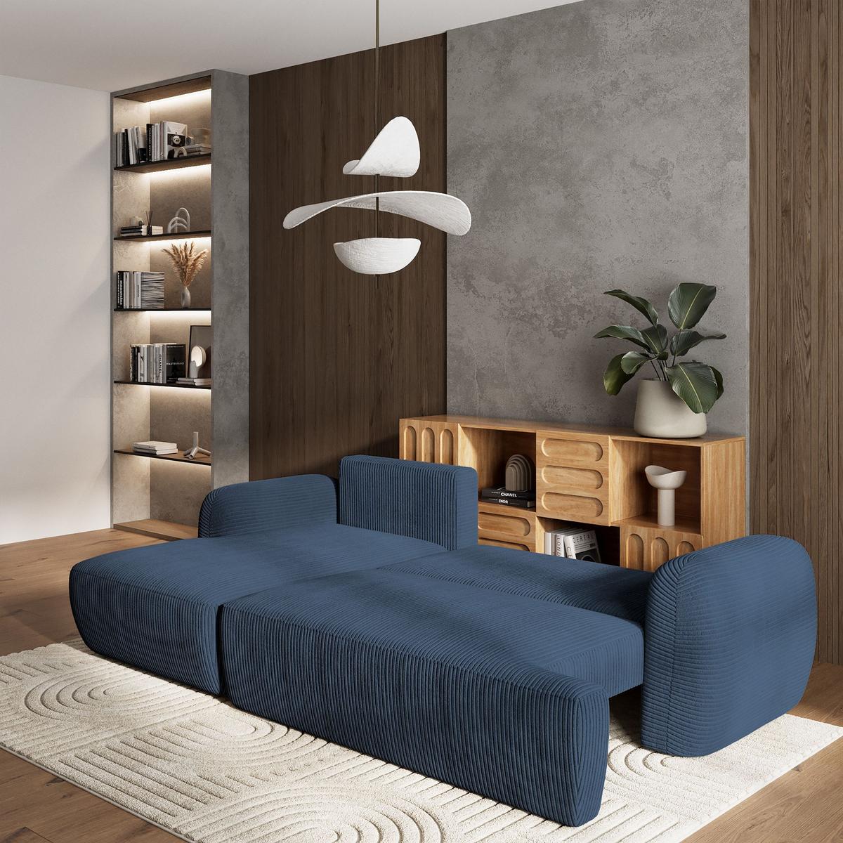ECKSOFA MODENZA P L-S Blau Kordstoff mit Schlaffunktion - Blau/Schwarz, Holz/Kunststoff (266/148cm) - MASSENO