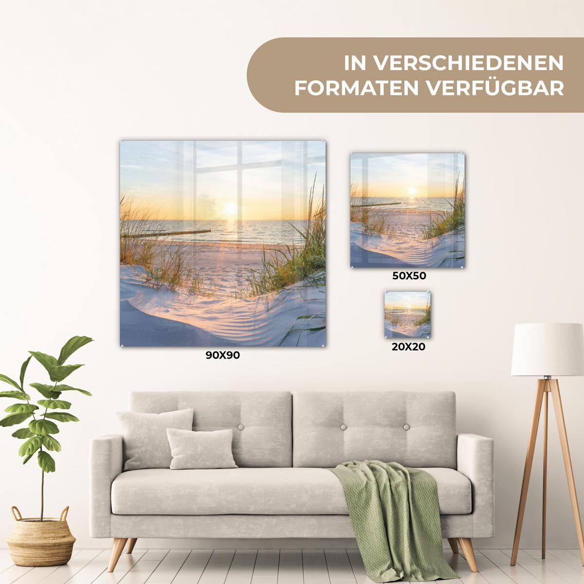 ACRYLGLASBILD Strand - Sonne - Düne - Gras - Sand - Horizont 90x90 cm - Hellblau, Glas (90/90cm) - MuchoWow